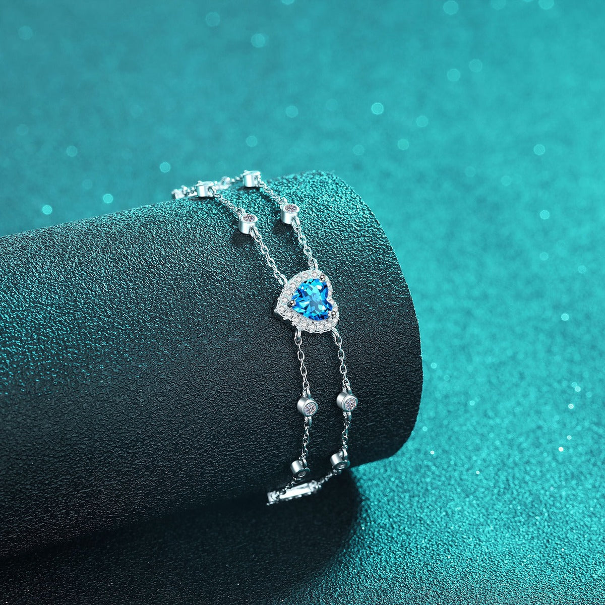 Heart Moissanite Charm Bracelet with CZ in Rhodium-Plated S925 sterling silver additional product photo showing finish and setting