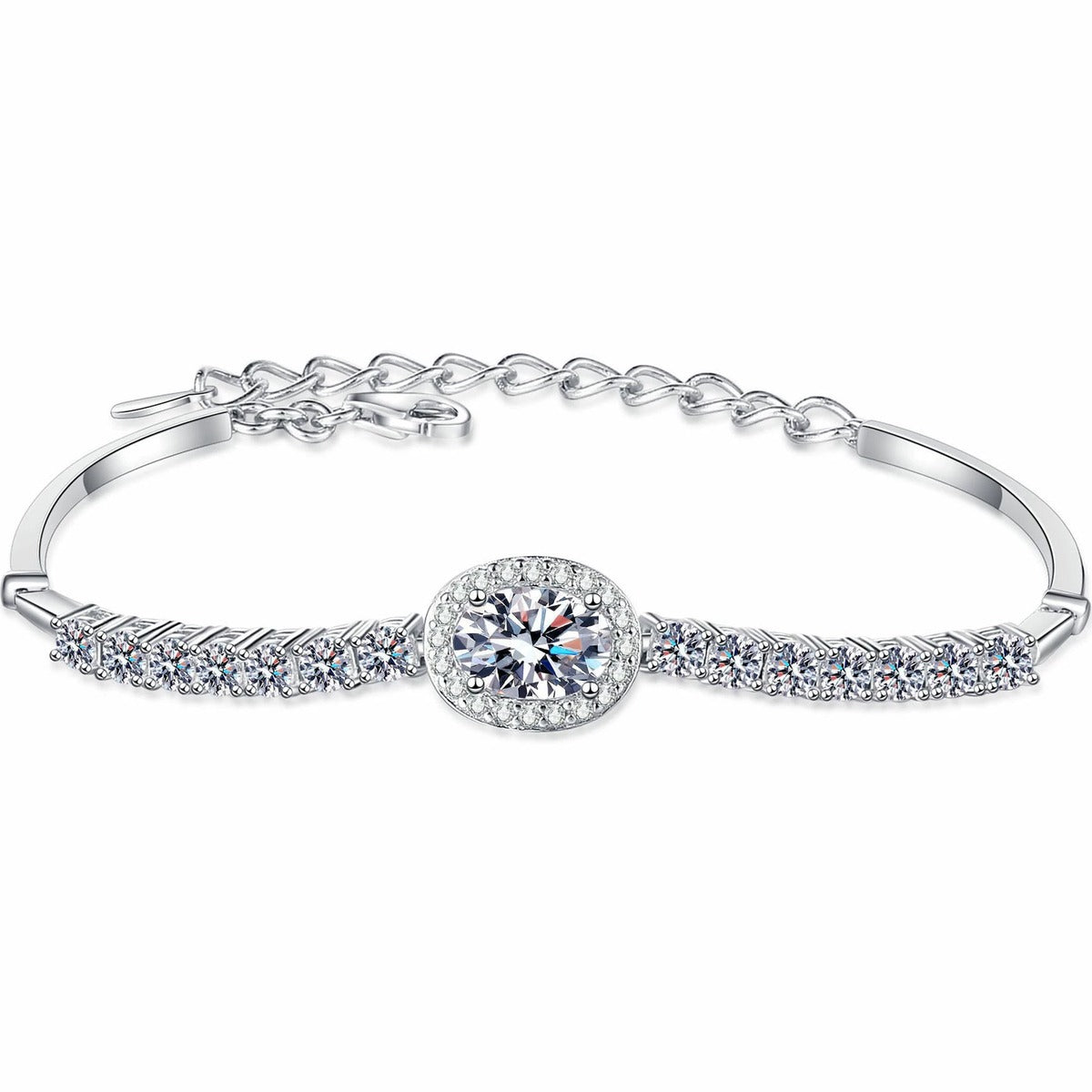 Oval and Round Moissanite Tennis Bracelet with CZ in Rhodium-Plated S925 sterling silver white background product photo showing bracelet shape and moissanite setting