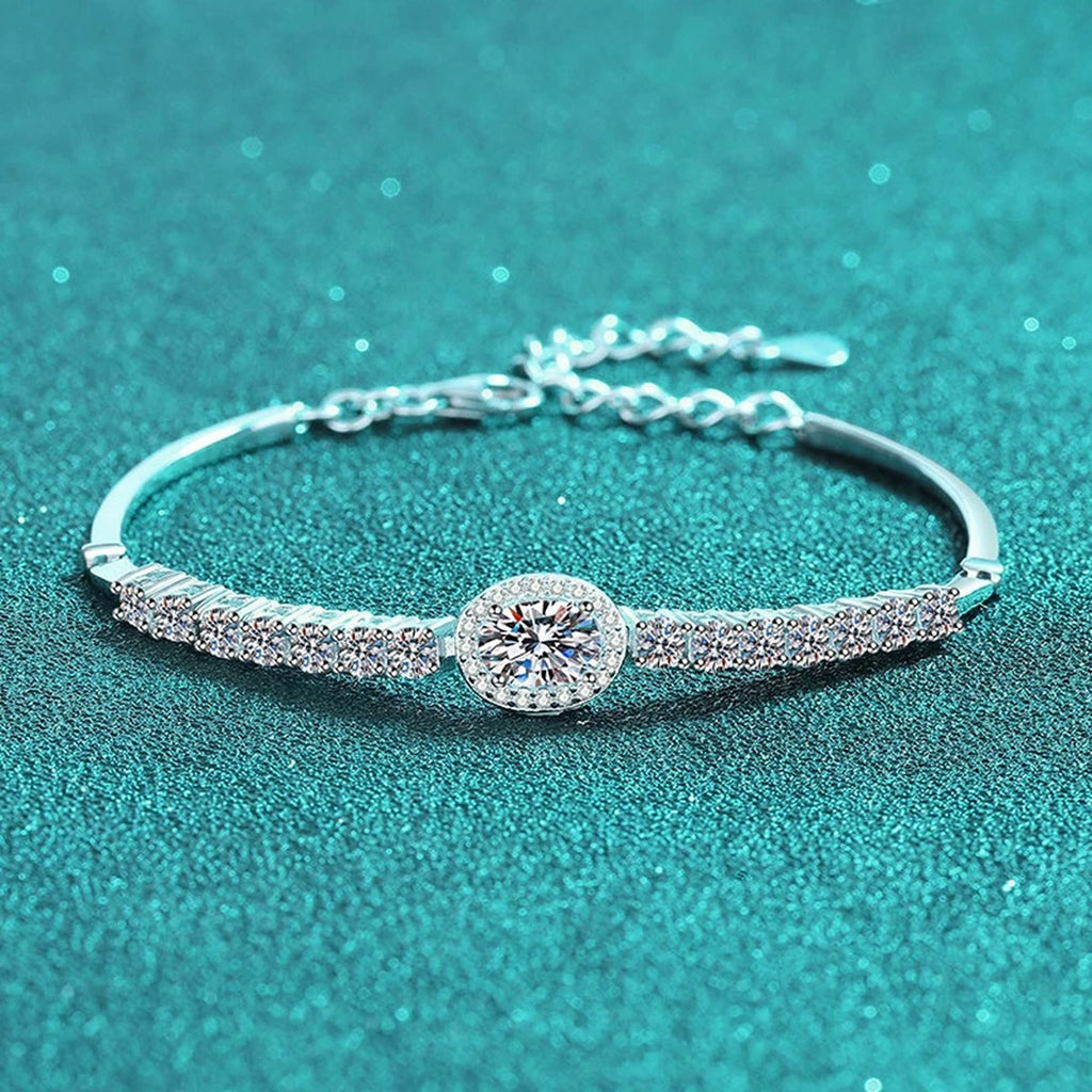Oval and Round Moissanite Tennis Bracelet with CZ in Rhodium-Plated S925 sterling silver styled product scene showing stone sparkle and chain detail