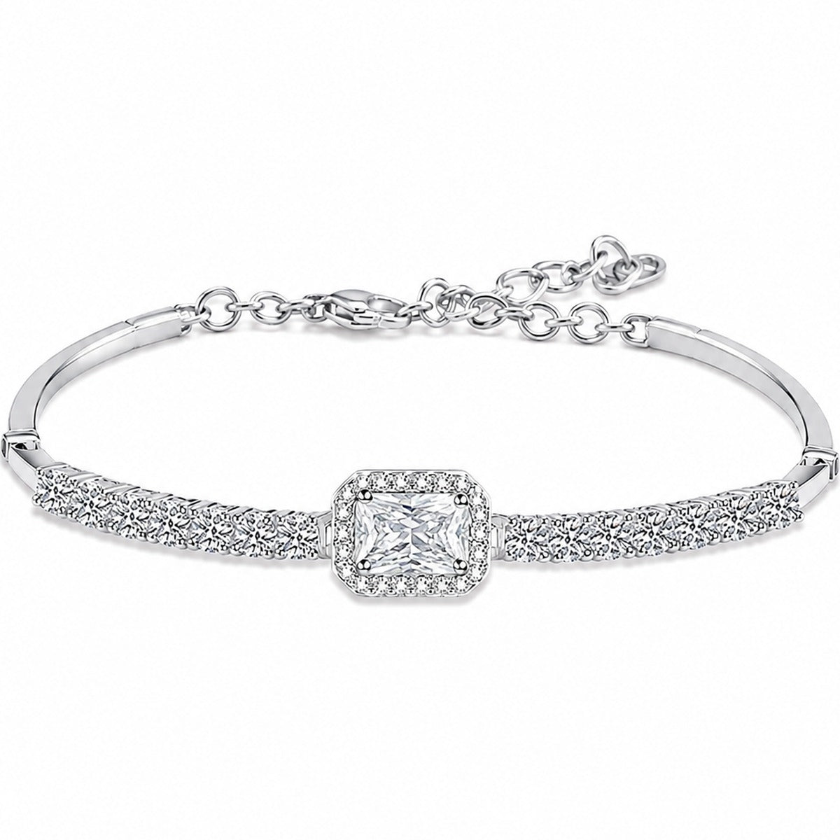 Emerald and Radiant Moissanite Tennis Bracelet with CZ in Rhodium-Plated S925 sterling silver white background product photo showing bracelet shape and moissanite setting