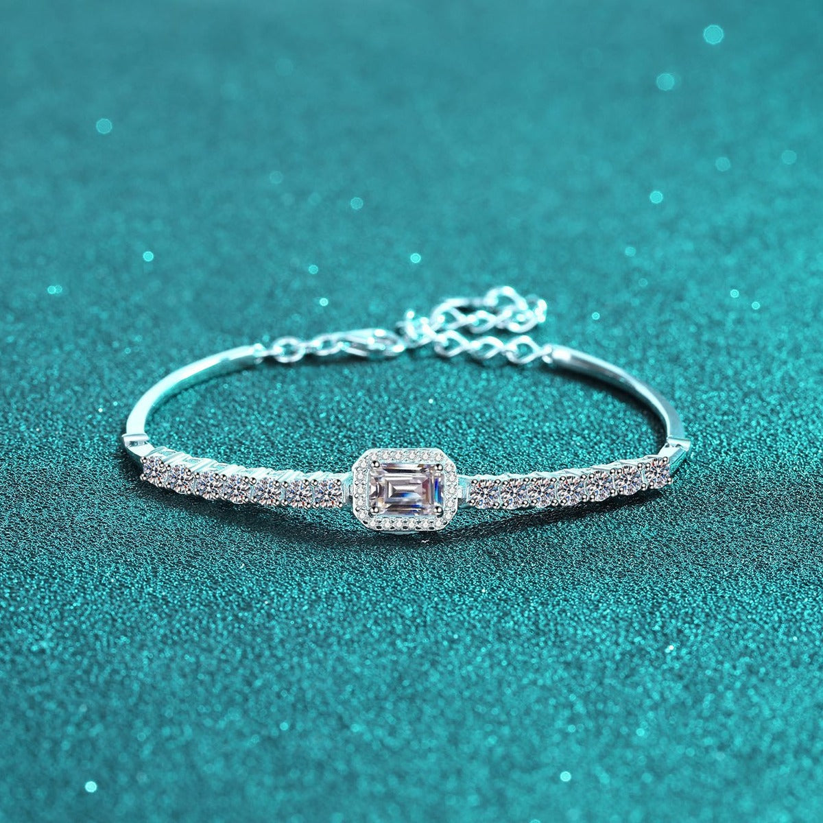 Emerald and Radiant Moissanite Tennis Bracelet with CZ in Rhodium-Plated S925 sterling silver close-up bracelet detail view showing clasp and motif