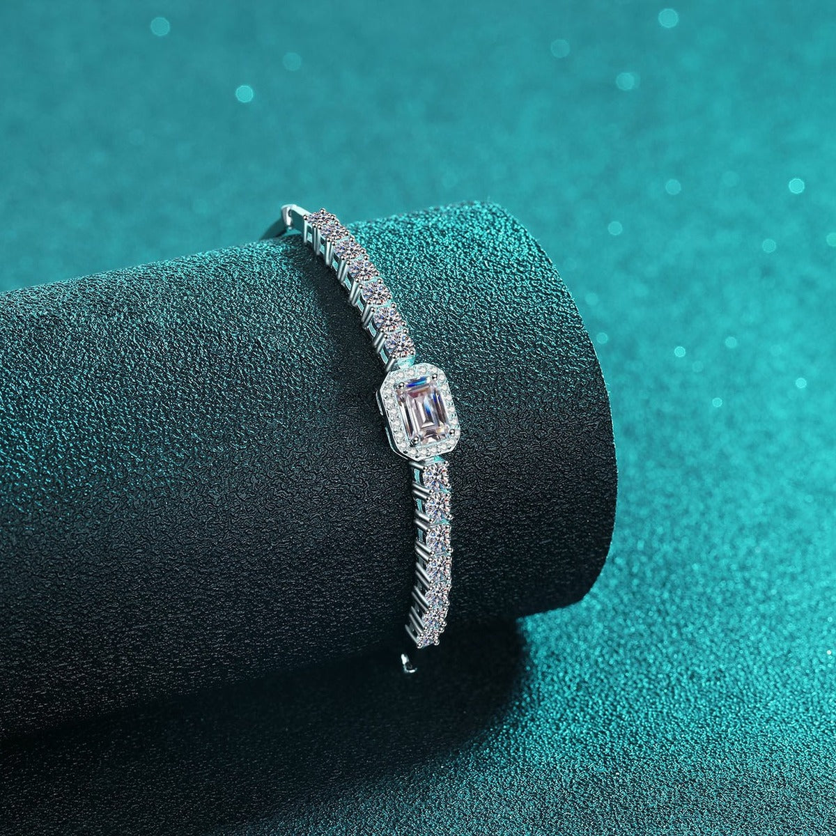 Emerald and Radiant Moissanite Tennis Bracelet with CZ in Rhodium-Plated S925 sterling silver additional product photo showing finish and setting