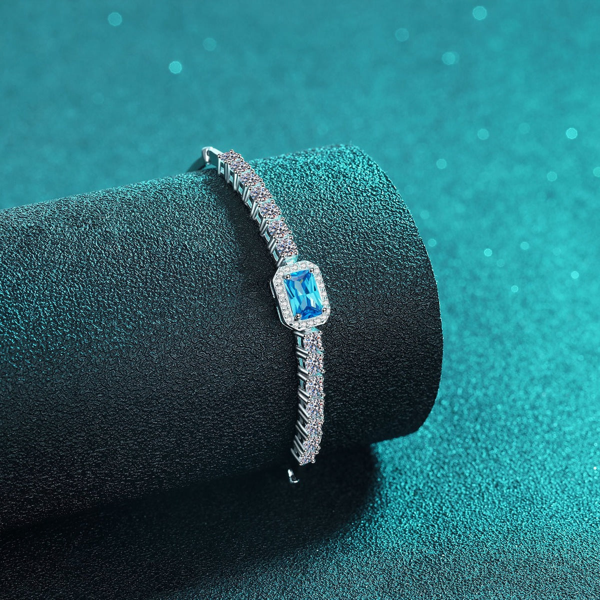 Emerald and Radiant Moissanite Tennis Bracelet with CZ in Rhodium-Plated S925 sterling silver additional product photo showing finish and setting