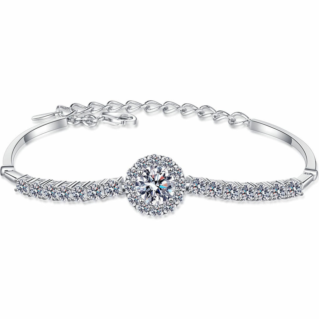 Round Moissanite Tennis Bracelet with CZ in Rhodium-Plated S925 sterling silver white background product photo showing bracelet shape and moissanite setting