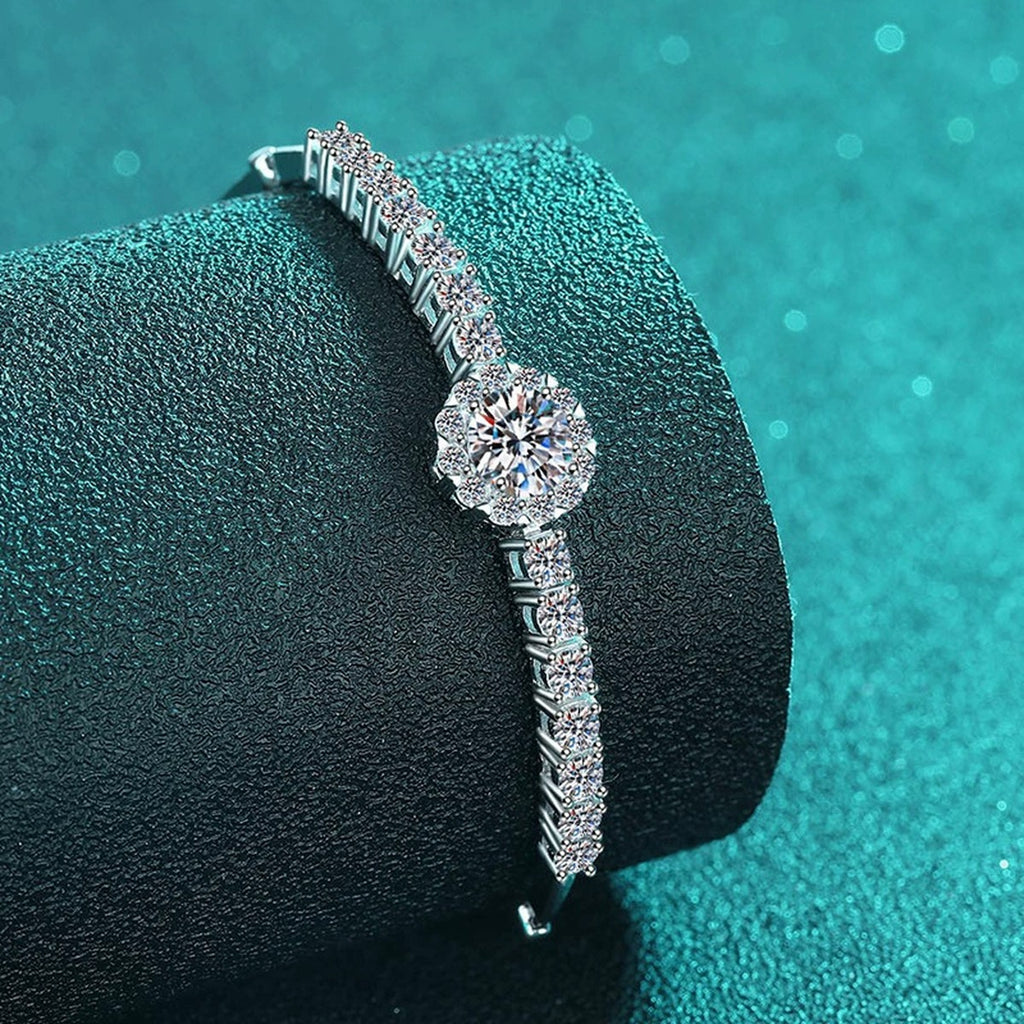 Round Moissanite Tennis Bracelet with CZ in Rhodium-Plated S925 sterling silver styled product scene showing stone sparkle and chain detail