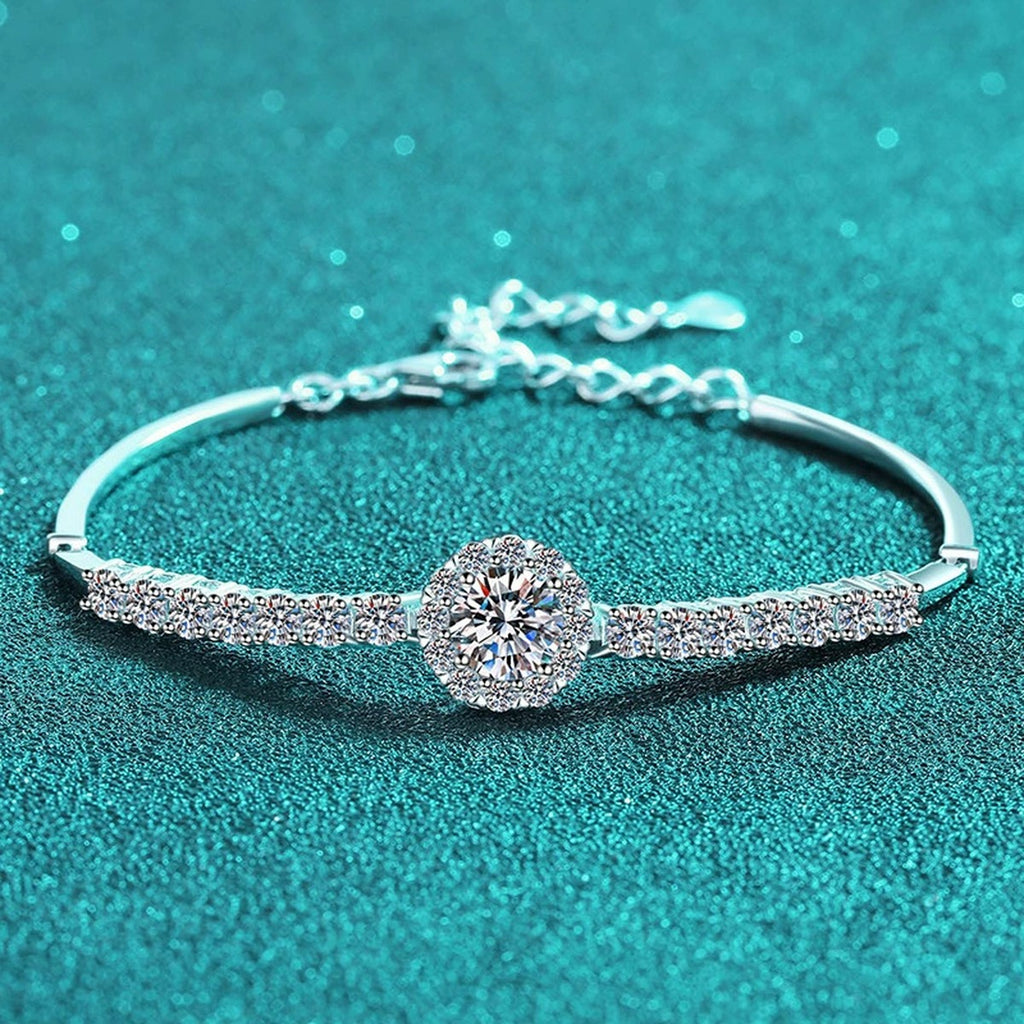 Round Moissanite Tennis Bracelet with CZ in Rhodium-Plated S925 sterling silver angled product display showing bracelet silhouette