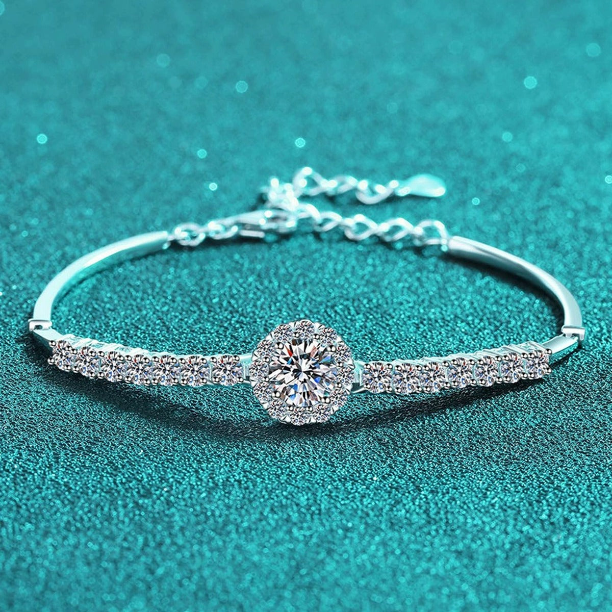 Round Moissanite Tennis Bracelet with CZ in Rhodium-Plated S925 sterling silver angled product display showing bracelet silhouette