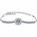 Round Moissanite Tennis Bracelet with CZ in Rhodium-Plated S925 sterling silver white background product photo showing bracelet shape and moissanite setting