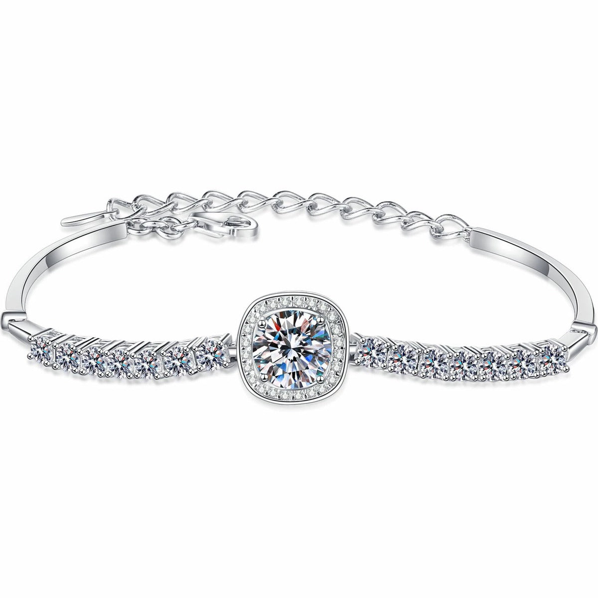 Round Moissanite Tennis Bracelet with CZ in Rhodium-Plated S925 sterling silver white background product photo showing bracelet shape and moissanite setting