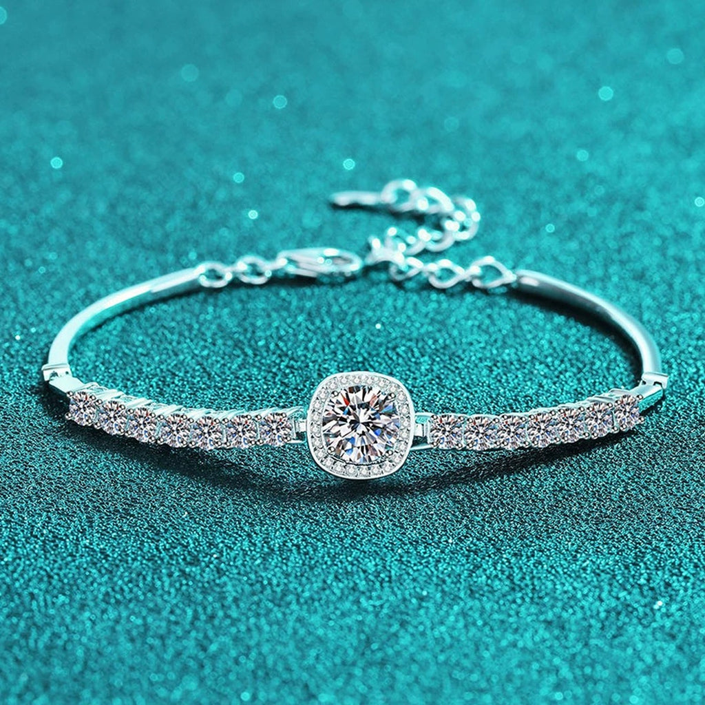 Round Moissanite Tennis Bracelet with CZ in Rhodium-Plated S925 sterling silver styled product scene showing stone sparkle and chain detail