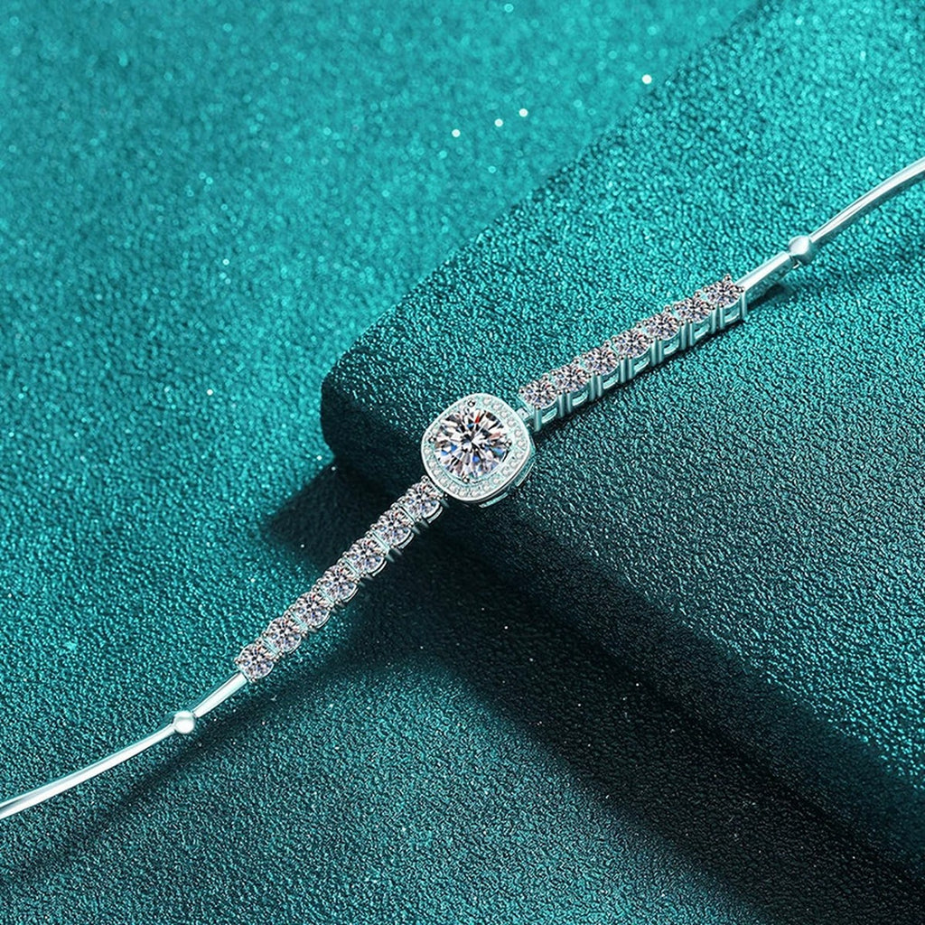 Round Moissanite Tennis Bracelet with CZ in Rhodium-Plated S925 sterling silver angled product display showing bracelet silhouette