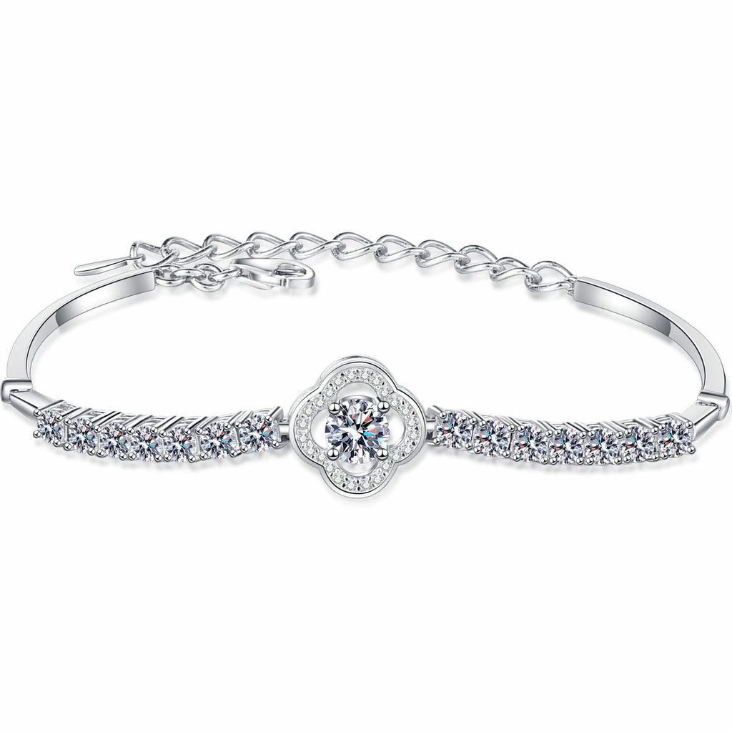 Four-Leaf Clover Moissanite Adjustable Tennis Bracelet with CZ in Rhodium-Plated S925 sterling silver white background product photo showing bracelet shape and moissanite setting