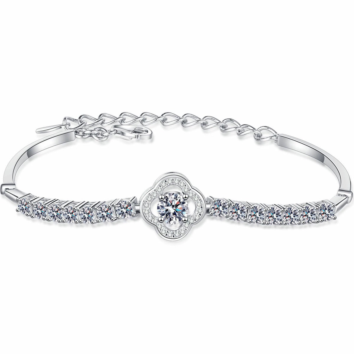Four-Leaf Clover Moissanite Adjustable Tennis Bracelet with CZ in Rhodium-Plated S925 sterling silver white background product photo showing bracelet shape and moissanite setting