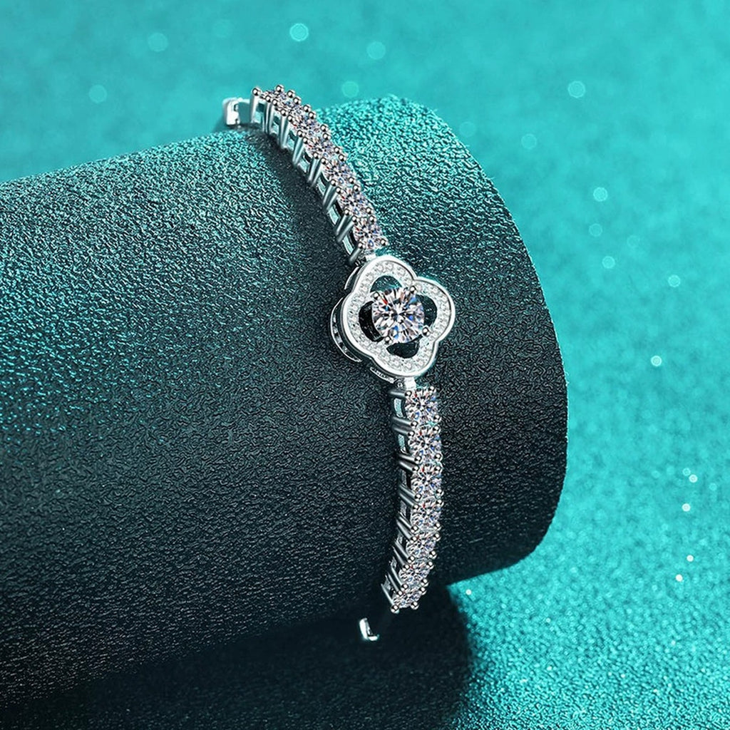 Four-Leaf Clover Moissanite Adjustable Tennis Bracelet with CZ in Rhodium-Plated S925 sterling silver styled product scene showing stone sparkle and chain detail
