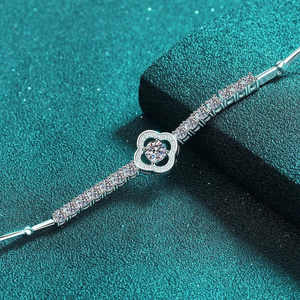 Four-Leaf Clover Moissanite Adjustable Tennis Bracelet with CZ in Rhodium-Plated S925 sterling silver angled product display showing bracelet silhouette
