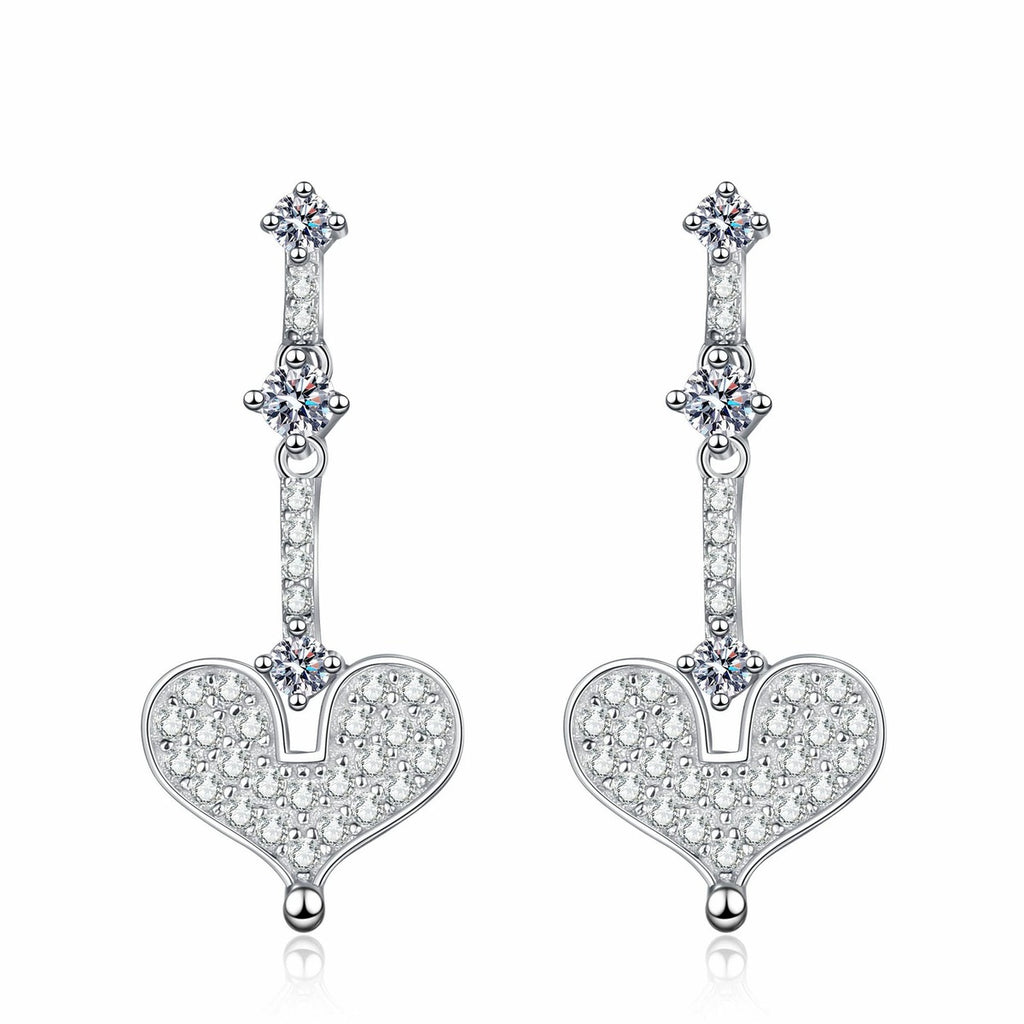 Heart Moissanite Stud Dangle Earrings in Gold-Plated S925 sterling silver white background product photo showing the pair, stone shape, and stud dangle earrings silhouette
