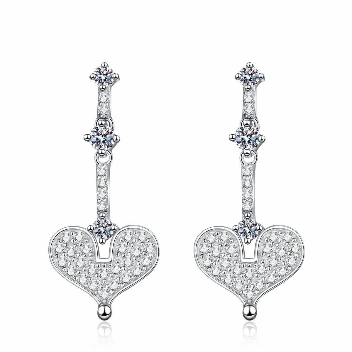 Heart Moissanite Stud Dangle Earrings in Gold-Plated S925 sterling silver white background product photo showing the pair, stone shape, and stud dangle earrings silhouette