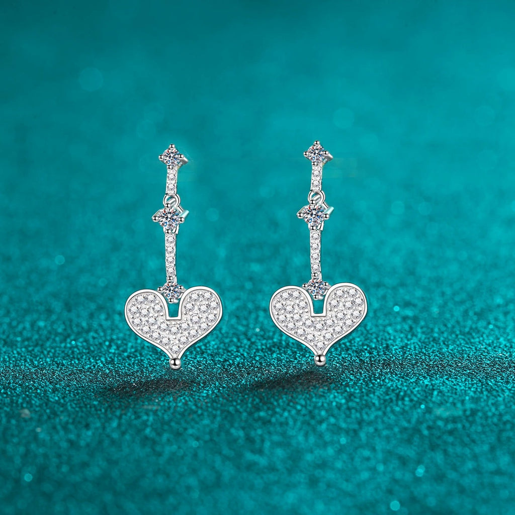Heart Moissanite Stud Dangle Earrings in Gold-Plated S925 sterling silver product scene view showing front sparkle