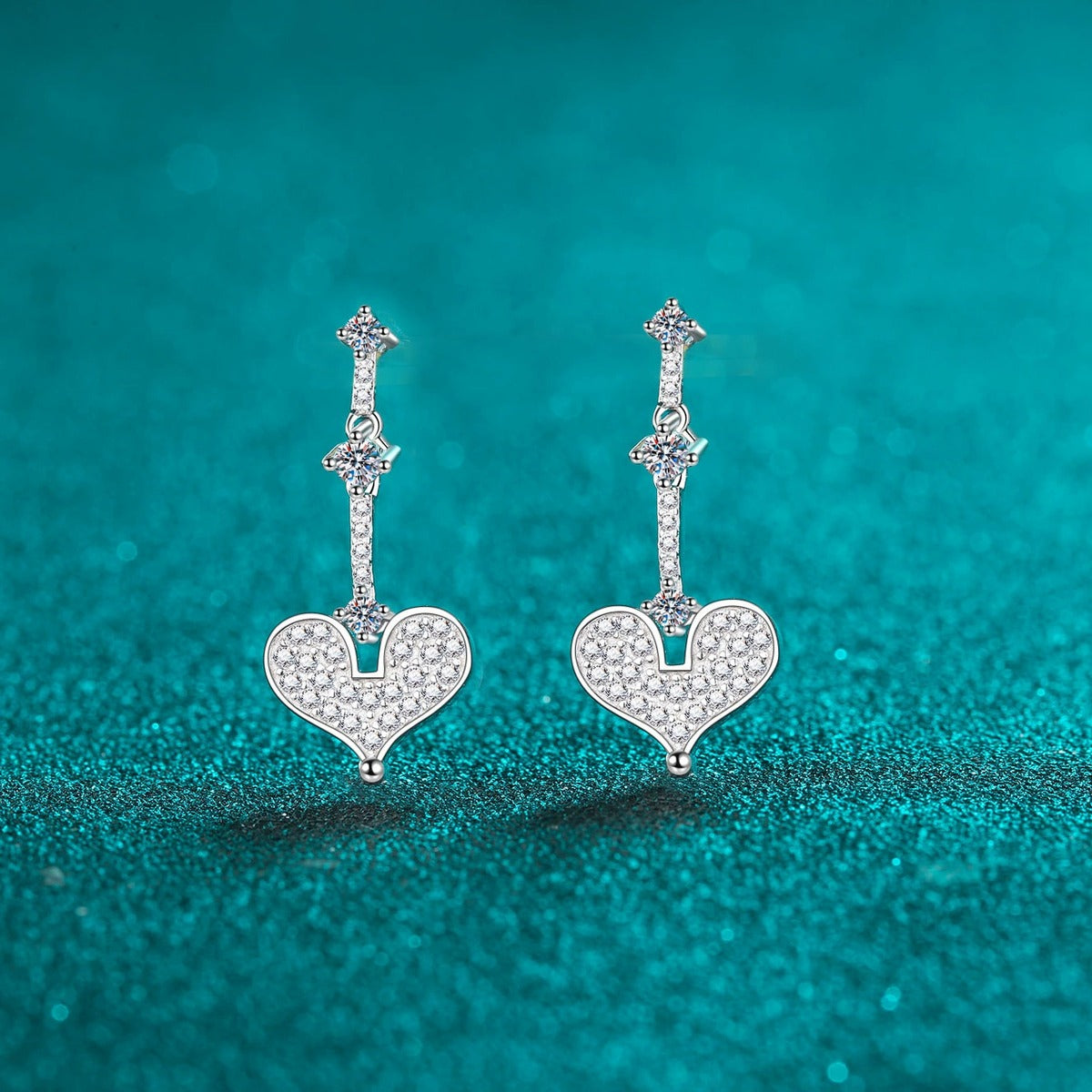 Heart Moissanite Stud Dangle Earrings in Gold-Plated S925 sterling silver product scene view showing front sparkle