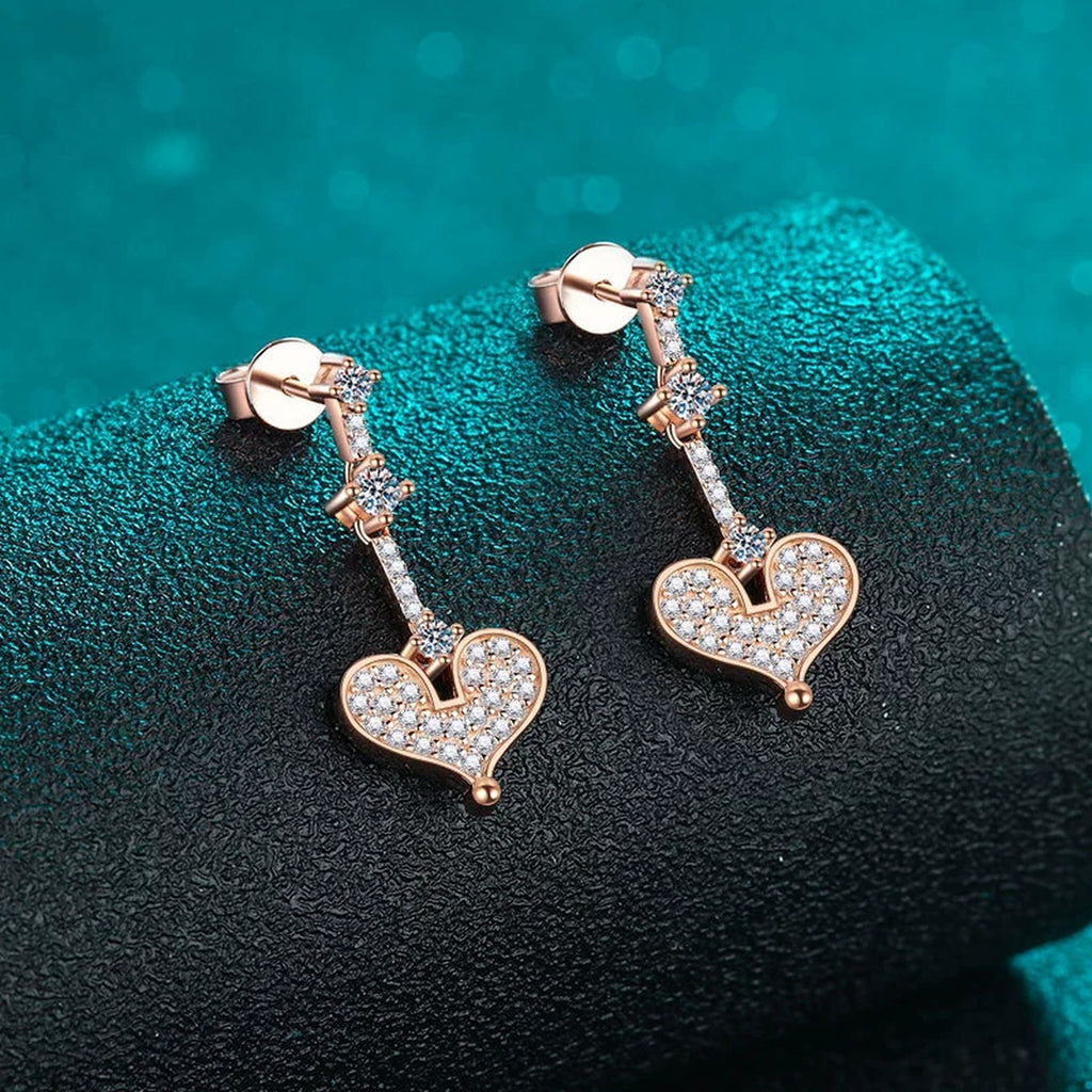 Heart Moissanite Stud Dangle Earrings in Gold-Plated S925 sterling silver product scene view showing angled setting detail