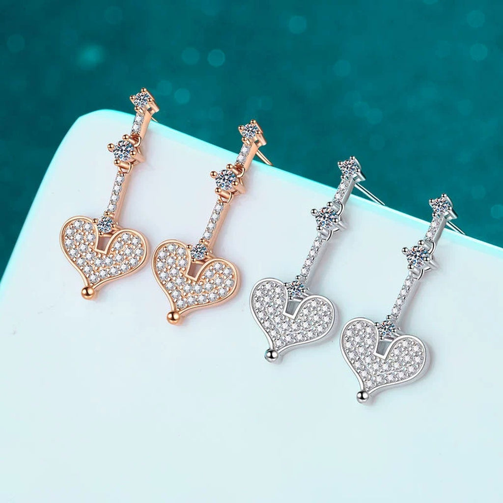 Heart Moissanite Stud Dangle Earrings in Gold-Plated S925 sterling silver product scene view showing side profile