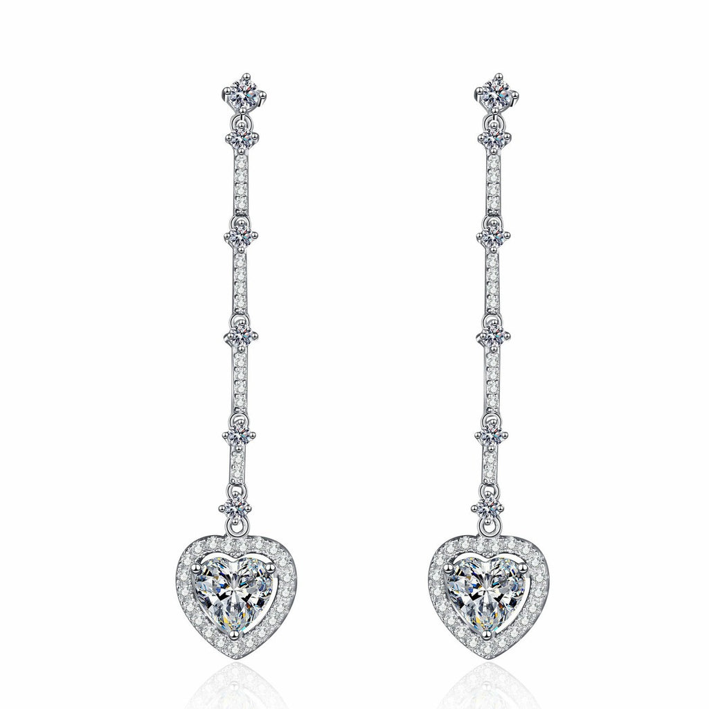 Heart Moissanite Stud Dangle Earrings with CZ in Rhodium-Plated S925 sterling silver white background product photo showing the pair, stone shape, and stud dangle earrings silhouette