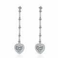 Heart Moissanite Stud Dangle Earrings with CZ in Rhodium-Plated S925 sterling silver white background product photo showing the pair, stone shape, and stud dangle earrings silhouette