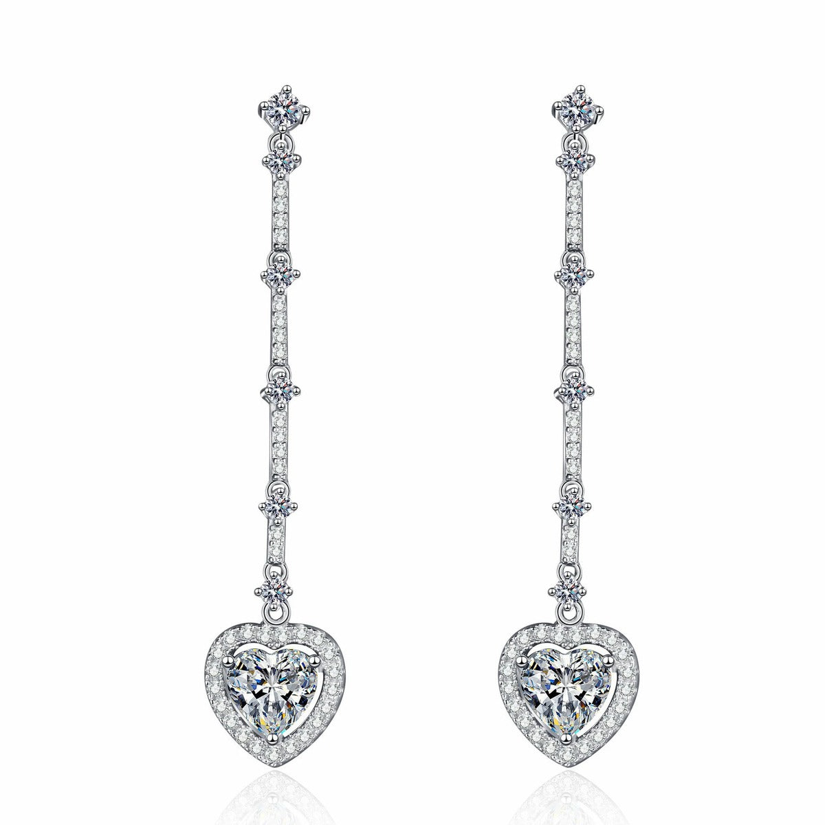 Heart Moissanite Stud Dangle Earrings with CZ in Rhodium-Plated S925 sterling silver white background product photo showing the pair, stone shape, and stud dangle earrings silhouette
