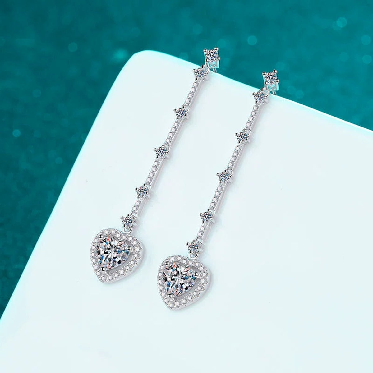 Heart Moissanite Stud Dangle Earrings with CZ in Rhodium-Plated S925 sterling silver product scene view showing front sparkle