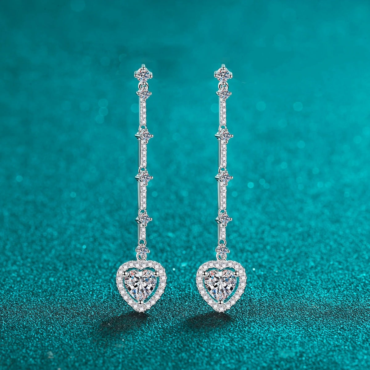 Heart Moissanite Stud Dangle Earrings with CZ in Rhodium-Plated S925 sterling silver product scene view showing side profile