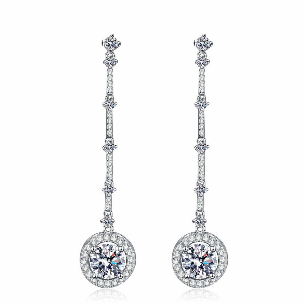 Round Moissanite Stud Dangle Earrings with CZ in Rhodium-Plated S925 sterling silver white background product photo showing the pair, stone shape, and stud dangle earrings silhouette