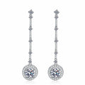 Round Moissanite Stud Dangle Earrings with CZ in Rhodium-Plated S925 sterling silver white background product photo showing the pair, stone shape, and stud dangle earrings silhouette