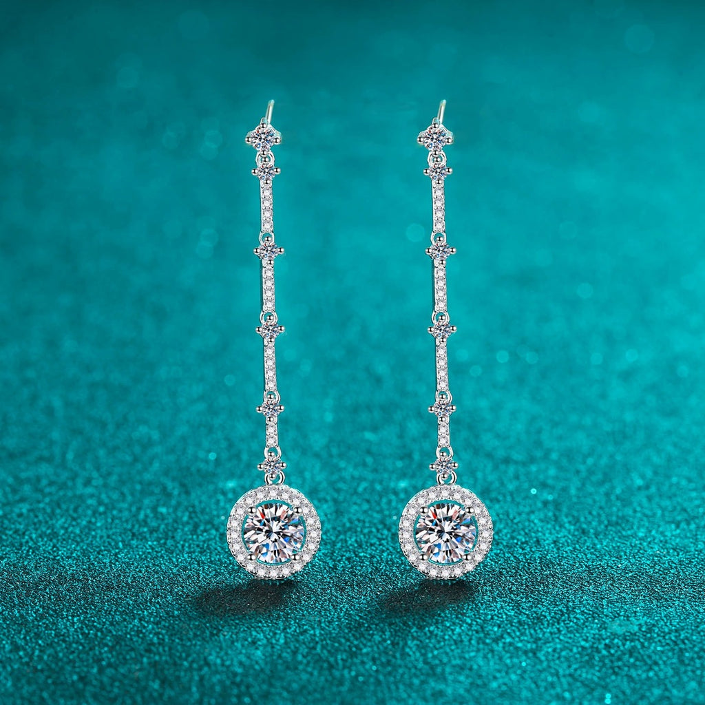 Round Moissanite Stud Dangle Earrings with CZ in Rhodium-Plated S925 sterling silver product scene view showing side profile