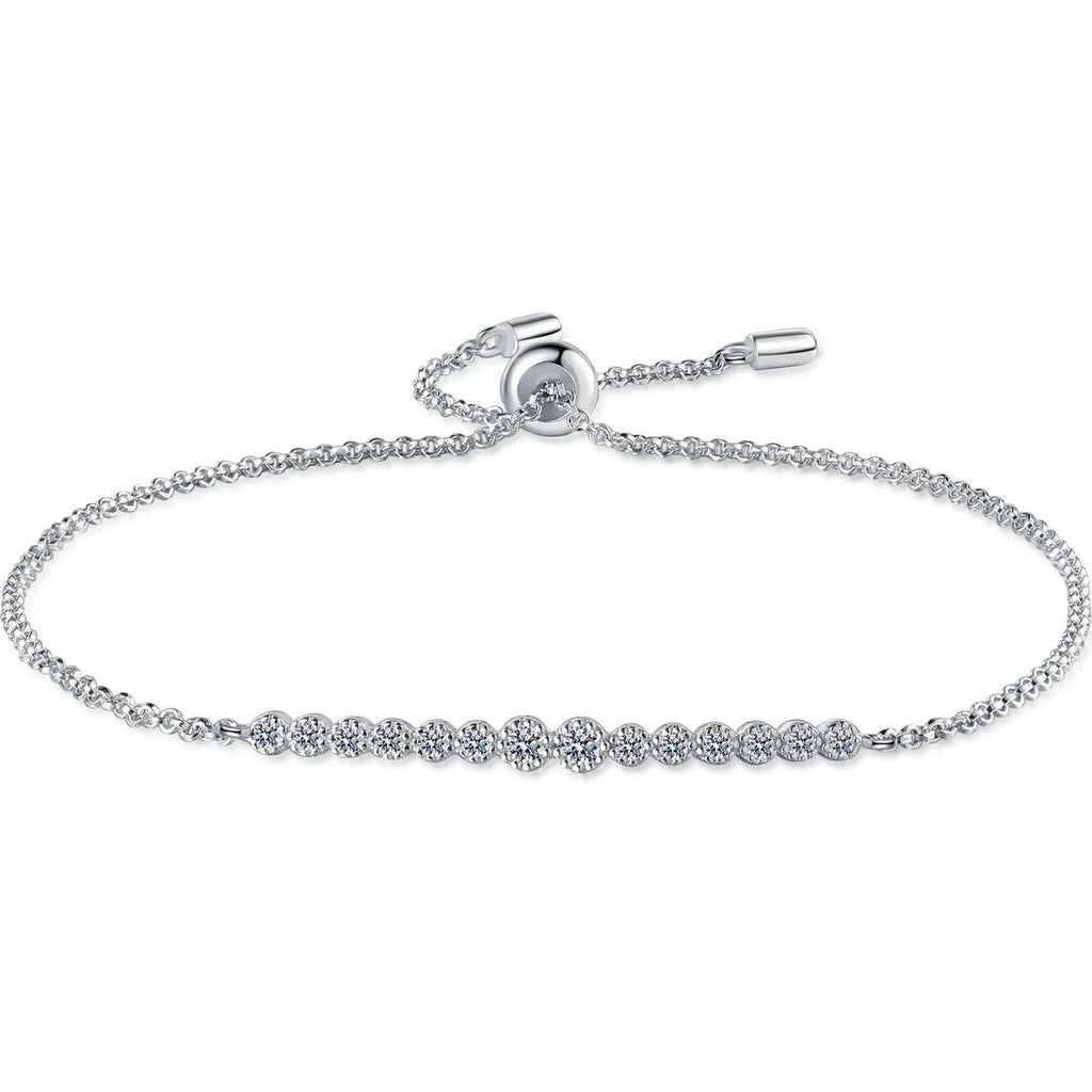 Round Moissanite Tennis Bracelet in Rhodium and Champion Gold-Plated S925 sterling silver white background product photo showing bracelet shape and moissanite setting
