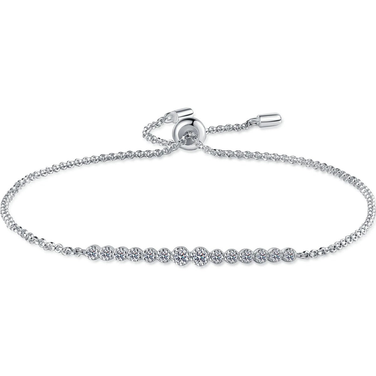 Round Moissanite Tennis Bracelet in Rhodium and Champion Gold-Plated S925 sterling silver white background product photo showing bracelet shape and moissanite setting
