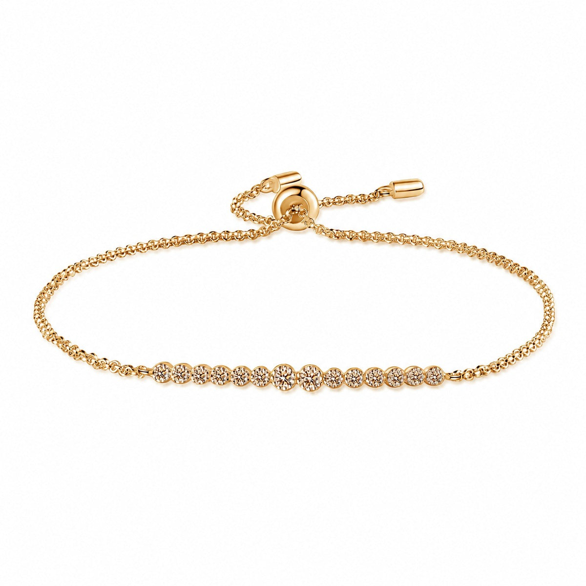Round Moissanite Tennis Bracelet in Rhodium and Champion Gold-Plated S925 sterling silver styled product scene showing stone sparkle and chain detail