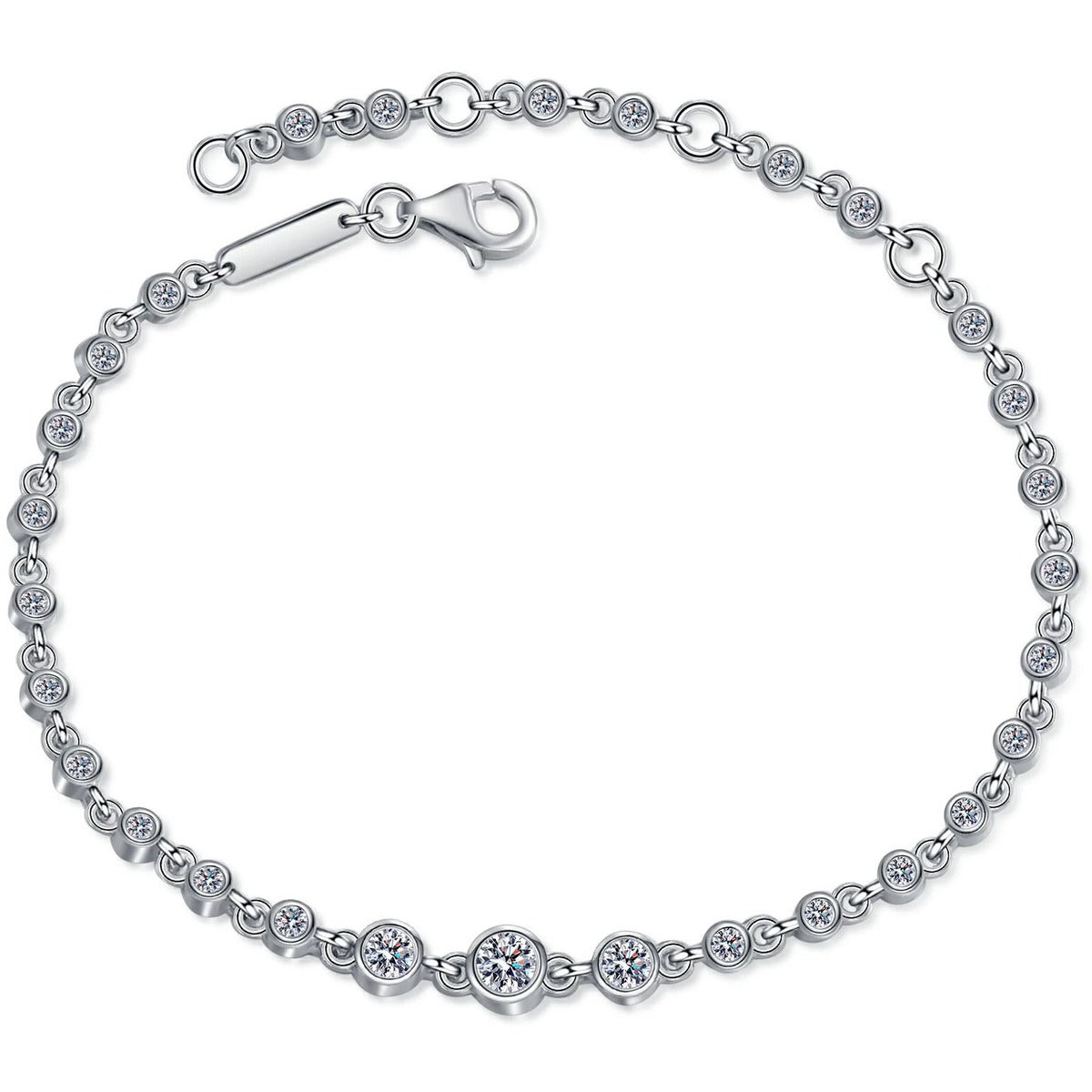 Beaded Round Moissanite Tennis Bracelet in Rhodium and Champion Gold-Plated S925 sterling silver white background product photo showing bracelet shape and moissanite setting