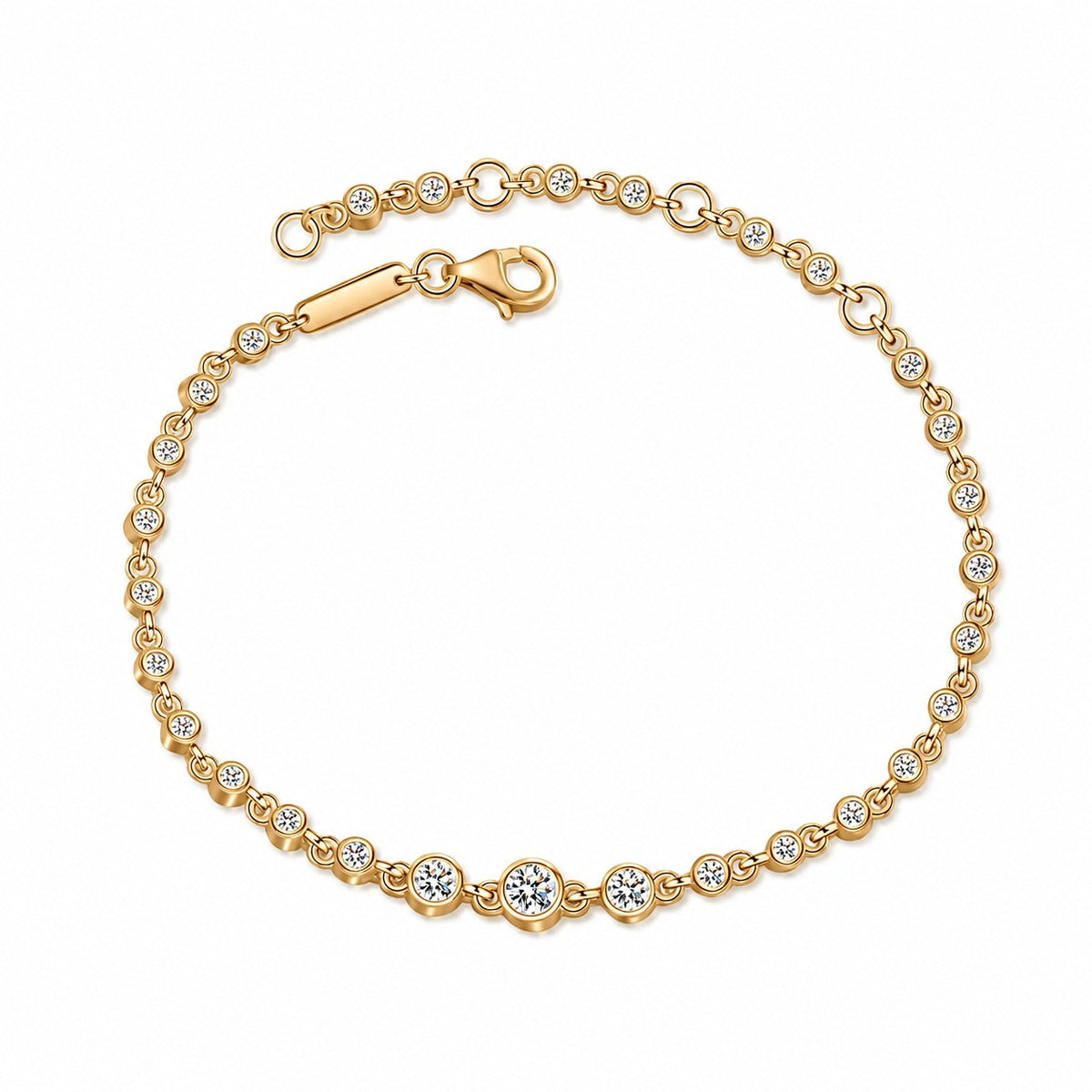 Beaded Round Moissanite Tennis Bracelet in Rhodium and Champion Gold-Plated S925 sterling silver styled product scene showing stone sparkle and chain detail