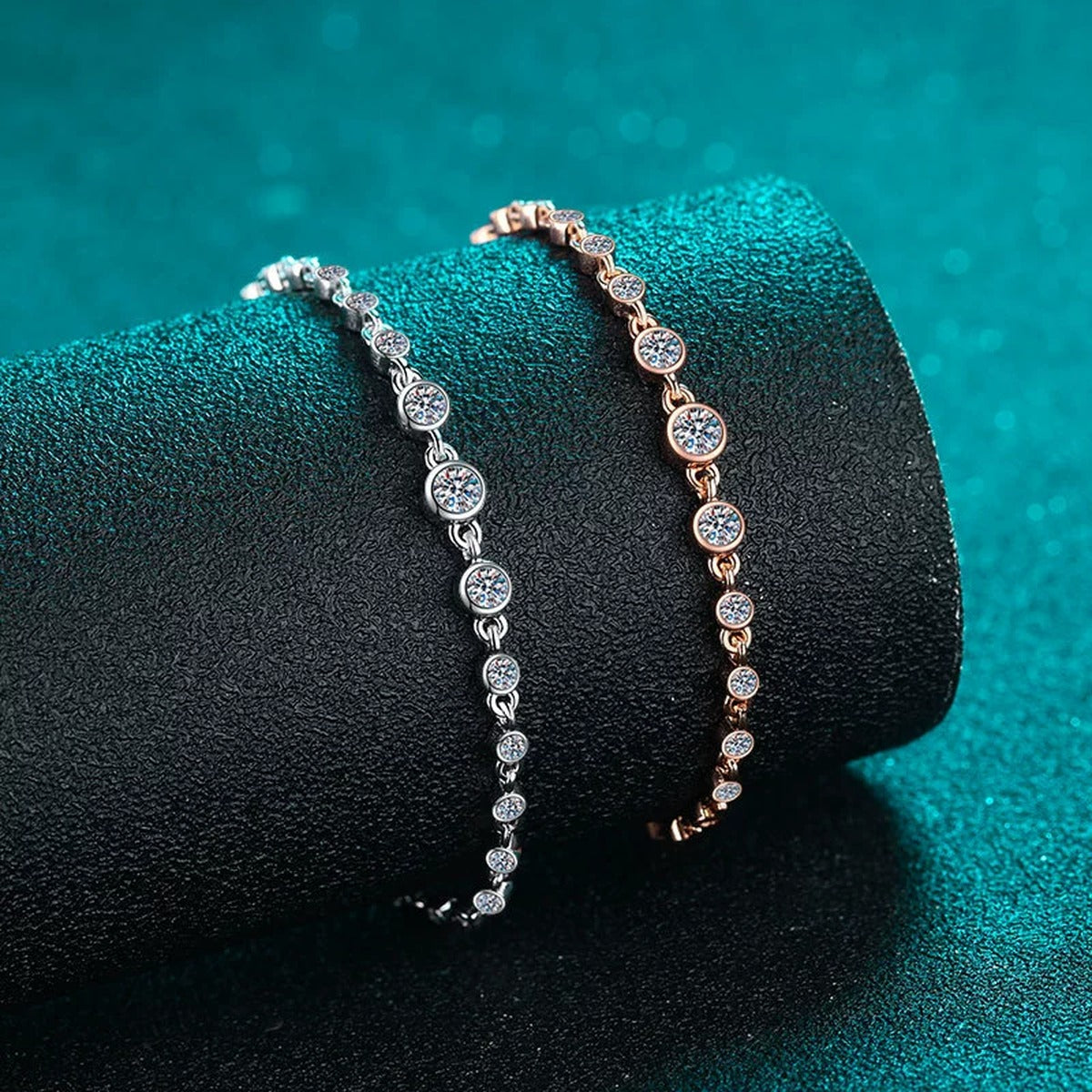Beaded Round Moissanite Tennis Bracelet in Rhodium and Champion Gold-Plated S925 sterling silver additional product photo showing finish and setting