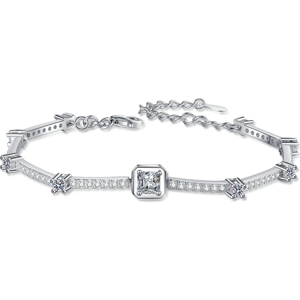 Princess and Round Moissanite Tennis Bracelet in Rhodium-Plated S925 sterling silver white background product photo showing bracelet shape and moissanite setting