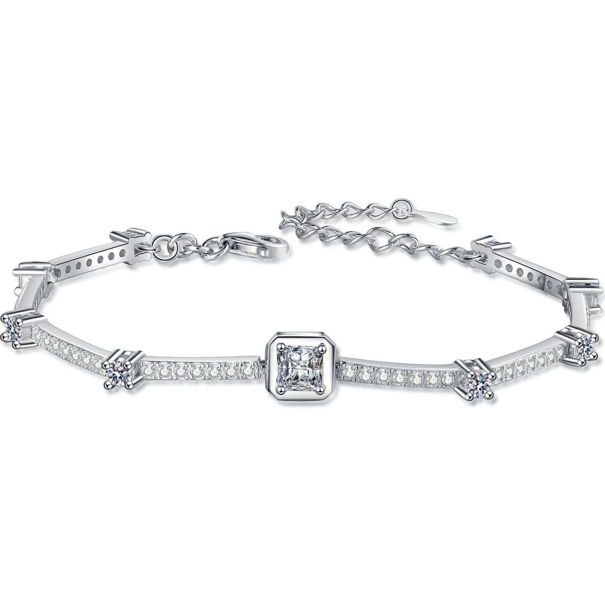 Princess and Round Moissanite Tennis Bracelet in Rhodium-Plated S925 sterling silver white background product photo showing bracelet shape and moissanite setting
