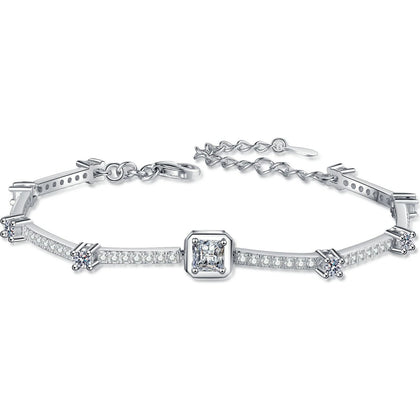 Princess and Round Moissanite Tennis Bracelet in Rhodium-Plated S925 sterling silver white background product photo showing bracelet shape and moissanite setting