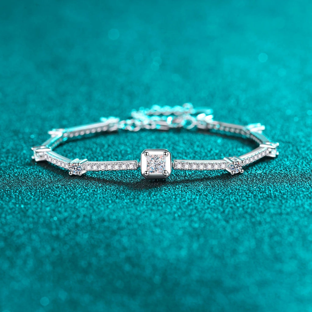Princess and Round Moissanite Tennis Bracelet in Rhodium-Plated S925 sterling silver styled product scene showing stone sparkle and chain detail