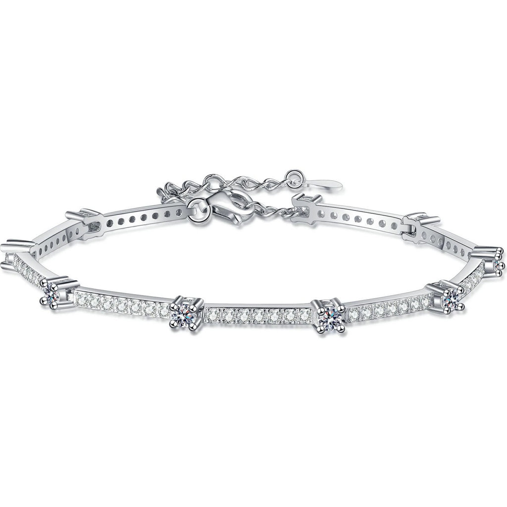 Slim Round Moissanite Adjustable Tennis Bracelet in Rhodium-Plated S925 sterling silver white background product photo showing bracelet shape and moissanite setting