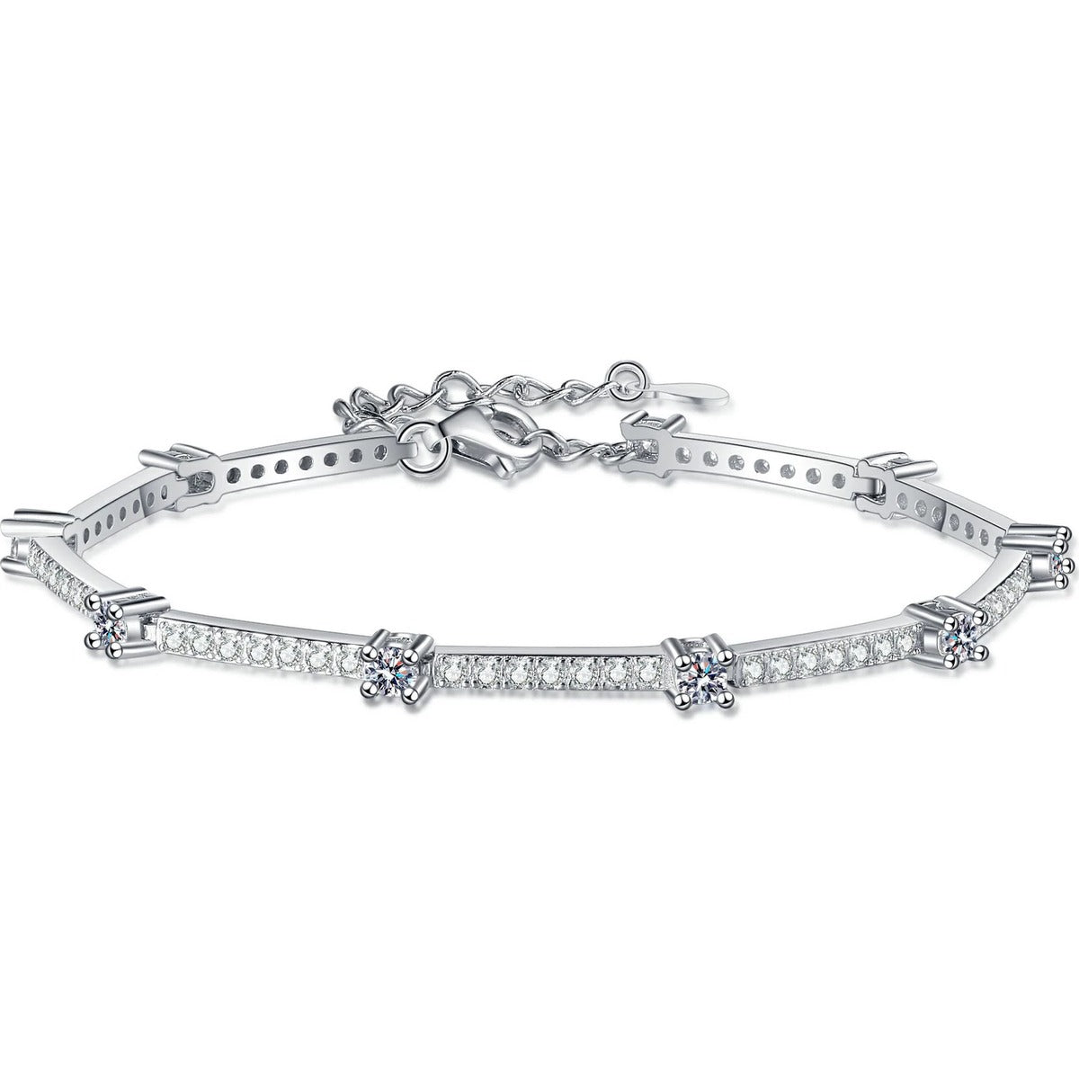 Slim Round Moissanite Adjustable Tennis Bracelet in Rhodium-Plated S925 sterling silver white background product photo showing bracelet shape and moissanite setting