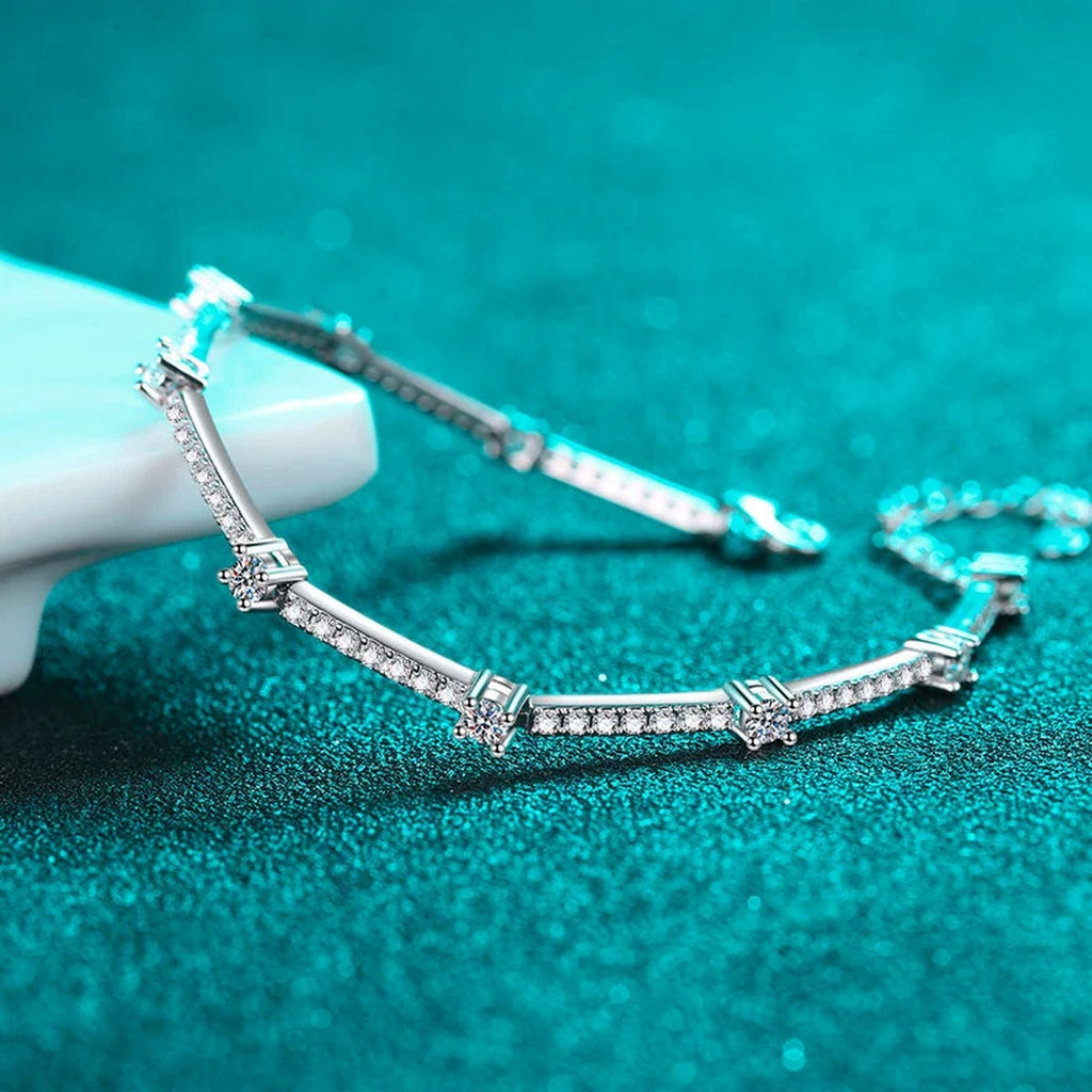Slim Round Moissanite Adjustable Tennis Bracelet in Rhodium-Plated S925 sterling silver styled product scene showing stone sparkle and chain detail