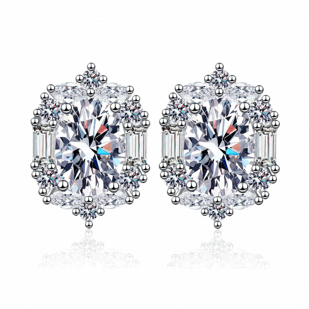 Oval Moissanite Stud Earrings with CZ in Rhodium-Plated S925 sterling silver white background product photo showing the pair, stone shape, and stud earrings silhouette