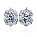 Oval Moissanite Stud Earrings with CZ in Rhodium-Plated S925 sterling silver white background product photo showing the pair, stone shape, and stud earrings silhouette