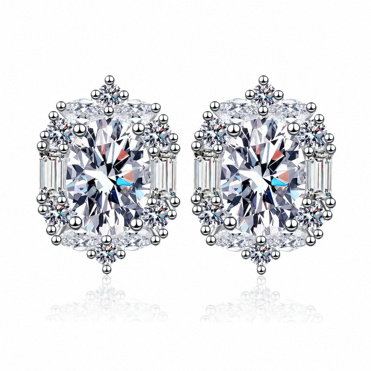 Oval Moissanite Stud Earrings with CZ in Rhodium-Plated S925 sterling silver white background product photo showing the pair, stone shape, and stud earrings silhouette