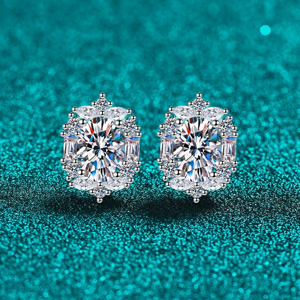 Oval Moissanite Stud Earrings with CZ in Rhodium-Plated S925 sterling silver product scene view showing front sparkle
